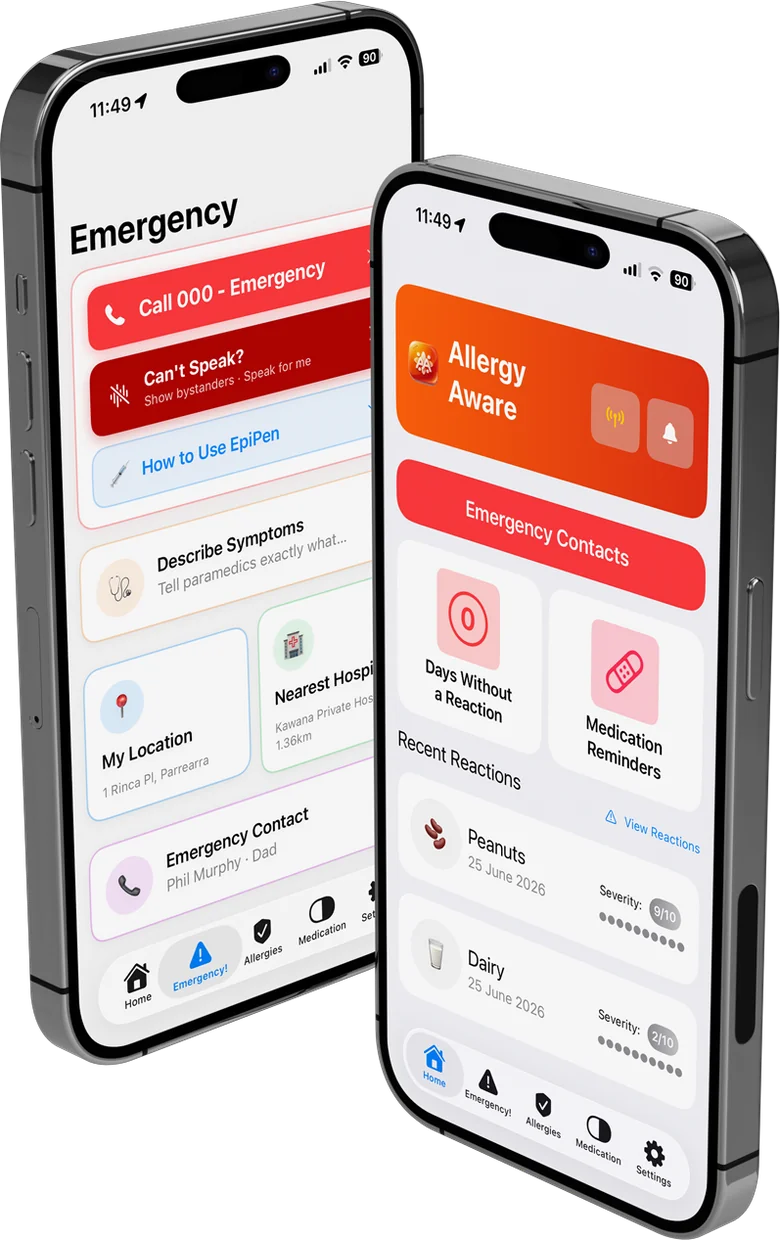 The Allergy Aware emergency screen, with a one-tap call to 000 and EpiPen guidance.